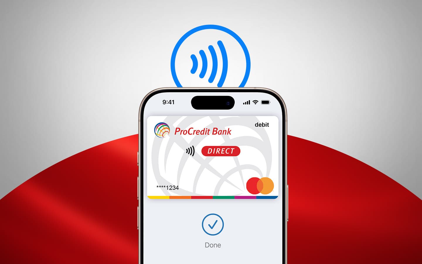 iPhone s ProCredit Direct karticom u Apple Walletu i simbol beskontaktnog plaćanja