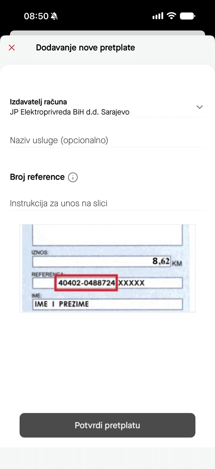 Ekran za dodavanje nove pretplate